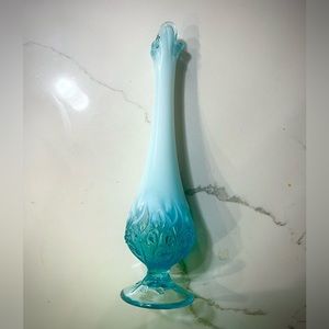 Mid Century Fenton Art Glass Aqua Blue Opalescent Lily of Valley Swung Bud Vase